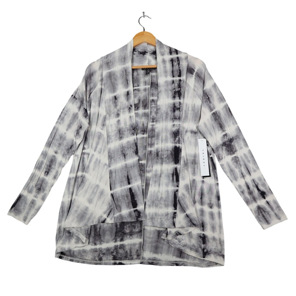 Tribal Cardigan Womens Small Gray Tie Dye Open Front Lightweight Jersey Knit NEW